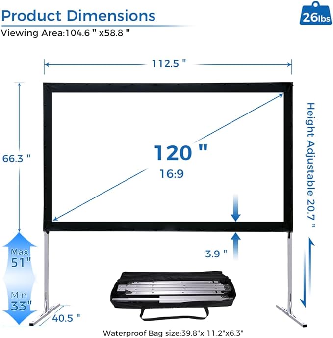 SCREENPRO 120inch Projector Screen with Stand, Fast Outdoor Movie Screen for Patio with Adjustable Leg(33"-51"),16:9 HD 4K Projector Screen for Yard Camping with Portable Carry Bag