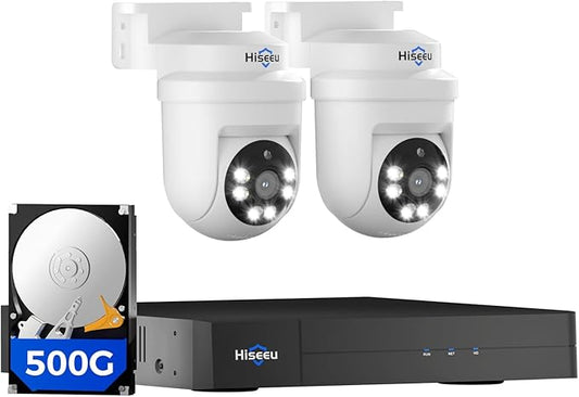 Hiseeu 3K 360°View PTZ Wired Security Camera System with Color Night Vision,Audio,4ch 5MP DVR,2PCS Cameras,500G HDD,Person/Vehicle Detection,Home CCTV Camera System