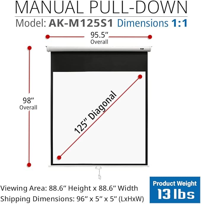 Akia Screens 125 inch Projector Screen Pull Down Manual B 1:1 8K 4K HD 3D Ceiling Wall Mount White Portable Projection Screen Retractable Auto Locking for Indoor Movie Home Theater Office AK-M125S1