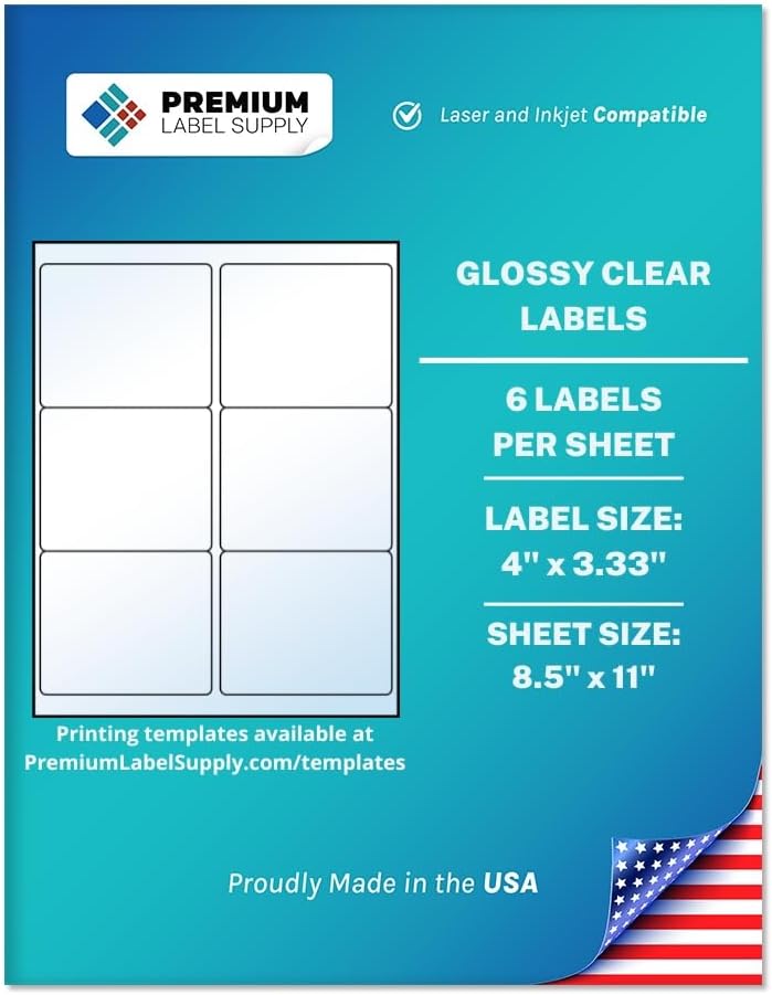 Premium Label Supply Glossy Clear Labels â 4" x 5" â Laser/Inkjet Compatible â (4 per Sheet), 25 Sheets â 100 Total Adhesive Labels