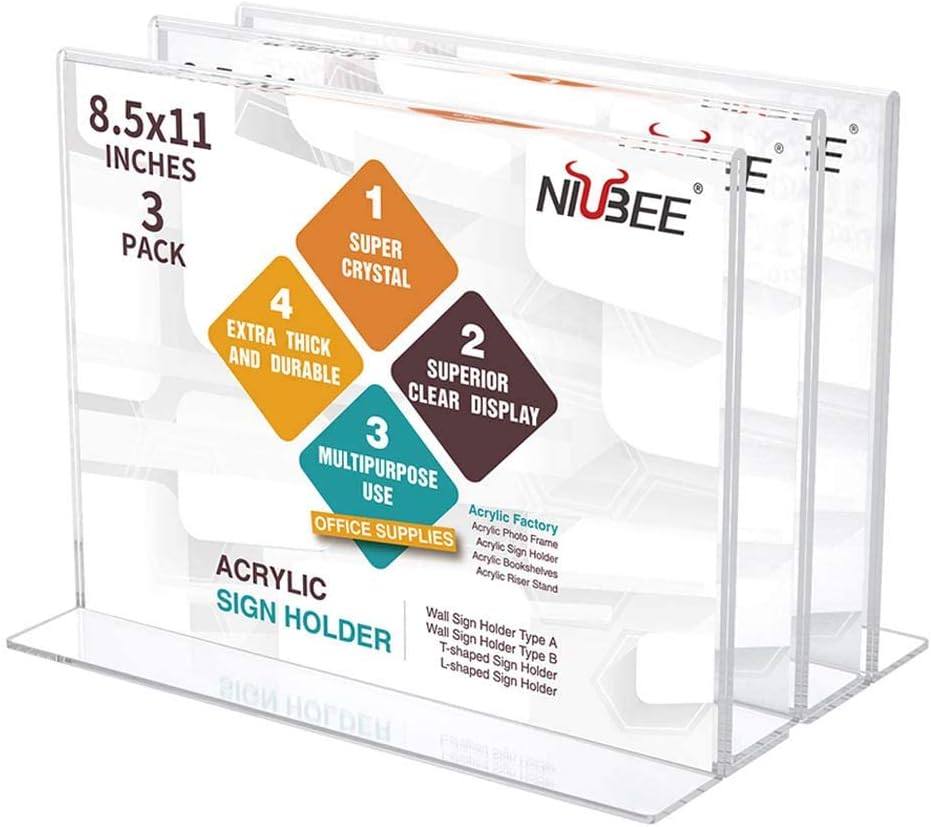 NIUBEE Acrylic Sign Holder 8.5x11 Inches 3 Pack Horizontal, T Shape Double Sided Clear Frames, Plastic Paper Flyer Display Holder, Document Menu Table Stand for Office, Store -Landscape