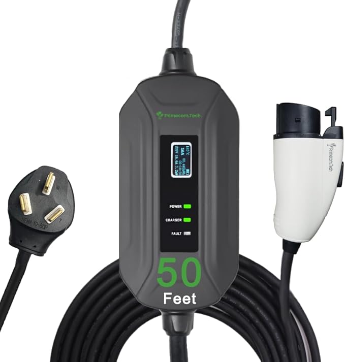 PRIMECOM Level 2 Electric Vehicle (EV) Charger (220V / 240Volt, 16Amp) Portable EVSE Smart Electric Car Charger, 30', 40', and 50 Feet Lengths (NEMA 10-50P, 50 Feet)