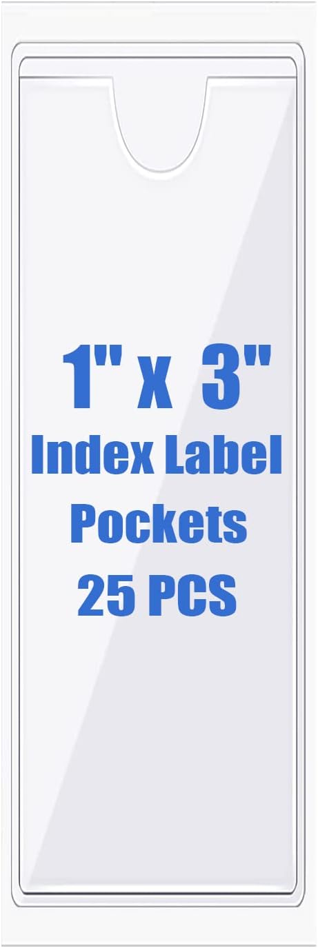 Origin-Joy 25 PCS Self-Adhesive Index Label Pockets, Clear Plastic Peel & Stick Card Holders with Top Open for Loading (1 x 3 inch)