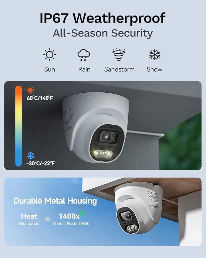 LongPlus 8MP 4K UHD Poe Wired Security Camera Outdoor for Security Cameras System, Cameras for Outdoor Home Security Spot Lights Color Night Vision, Strobe Light Alarm & Sound LP8MEF8