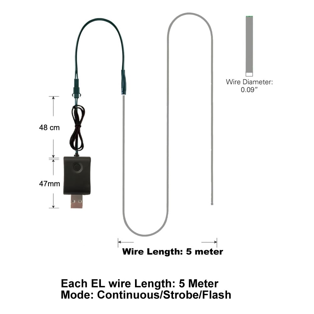 MaxLax EL Wire Neon Light Strip, 5M/16.4FT, Green, Cuttable, USB 5V Adapter, Model CXD el wire 001