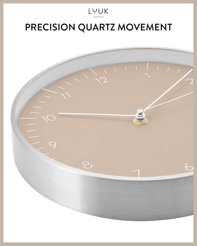 LUUK LIFESTYLE Modern Quartz Wall Clock with Silent Movement, Second Hand and Arabic Numerals, Deco for Kitchen, Bedroom, Office, Cream I Beige