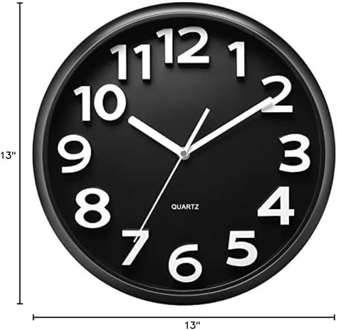 Plumeet 13'' Wall Clock, Large Battery Operated Wall Clocks Silent Non-Ticking Quartz, Modern Style Suitable for Bedroom Living Room Office Decor - 3D Numbers Display Easy to Read, Black