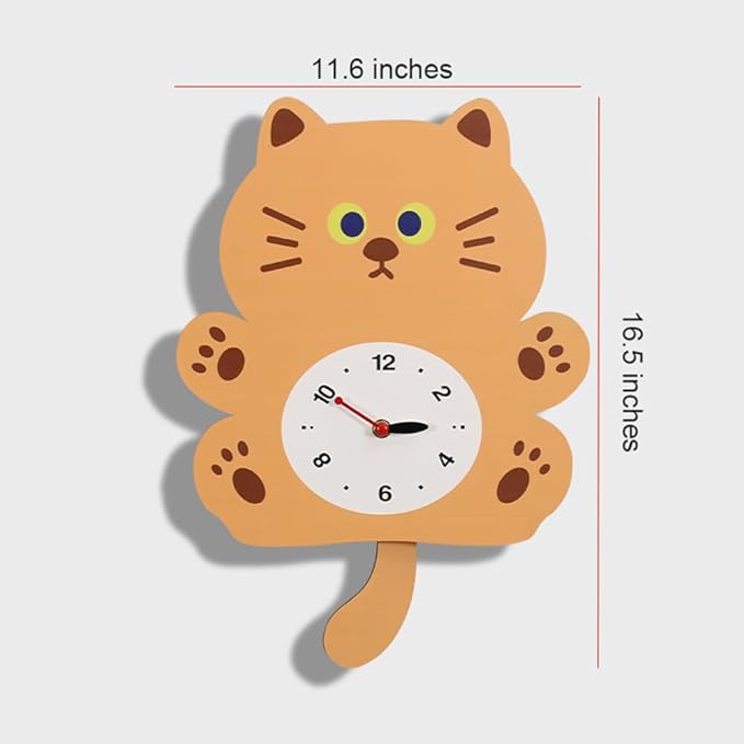 FASHION in THE CITY Adorable Cat Themed Swing Wall Clock - Silent Non-Ticking Pendulum Clock, Easy to Read Analog Clock for Cat Lovers, Nursery, Kitchen, Cute Home Decor Gift (YBZ001-Yellow)