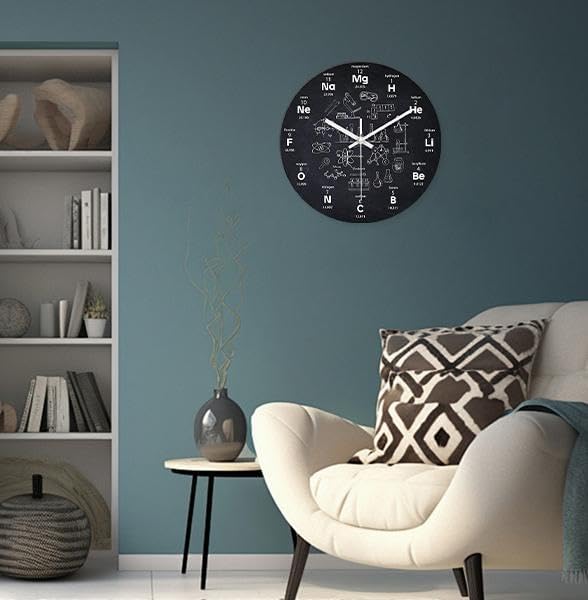 XNM Chemical Large Wall Clocks Battery Operated 16 Inch Black Round Clock for Classroom Glass Analog Wall Clock Silent