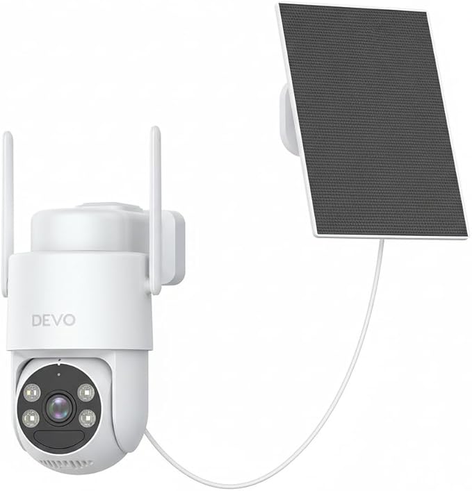 Devo Solar Security Camera Wireless Outdoor, 2.3K HD 360° PTZ Color Night Vision, AI/PIR Human Detection, 2-Way Audio, Solar & Battery Powered, WiFi 6, IP66 Waterproof, Triple Alert System