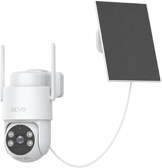 Devo Solar Security Camera Wireless Outdoor, 2.3K HD 360° PTZ Color Night Vision, AI/PIR Human Detection, 2-Way Audio, Solar & Battery Powered, WiFi 6, IP66 Waterproof, Triple Alert System