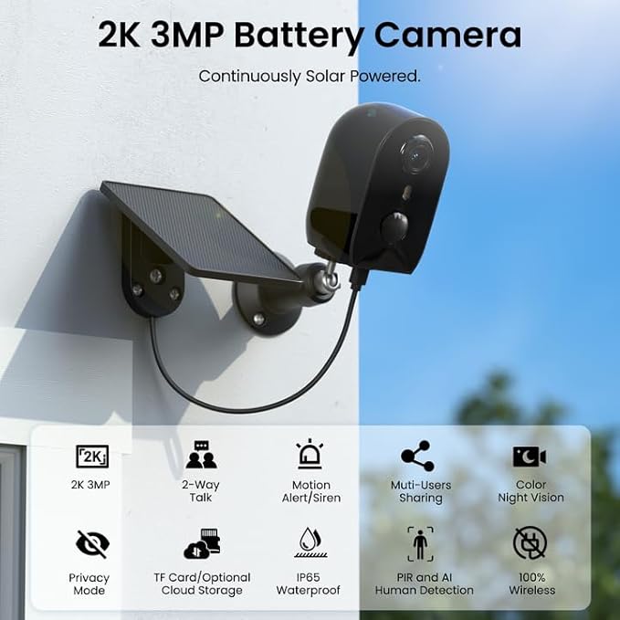 Solar Camera Outdoor Wireless-2K Battery Powered Outside Cameras for Home Security with PIR Motion Detection, Siren Alarm, 2-Way Talk, SD Card&Optional Cloud Storage, Work with Alexa, Y8 1P