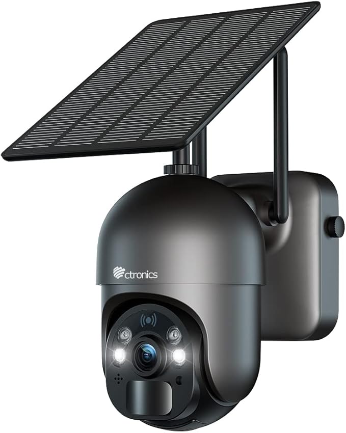 Ctronics 2.5K 4MP Security Camera Wireless Outdoor, WiFi Solar Security Camera Battery Powered, 360° PTZ, Color Night Vision 2560 * 1440P, PIR Human Detection, 2-Way Audio, IP66