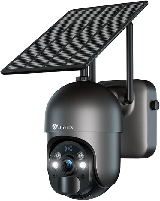 Ctronics 2.5K 4MP Security Camera Wireless Outdoor, WiFi Solar Security Camera Battery Powered, 360° PTZ, Color Night Vision 2560 * 1440P, PIR Human Detection, 2-Way Audio, IP66