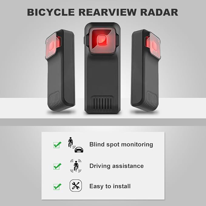 BY-J Bike Radar Tail Light, Visual and Audible Alerts for Approaching Vehicle, Compatible with Garmin Wahoo Bike Computers & Smartphone