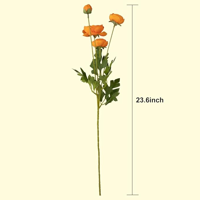5 Stems Artificial Silk Ranunculus Flowers Orange 23" Tall,UV Resistant,Bendable Stems for Wedding Centerpieces,Home Deco（Orange）