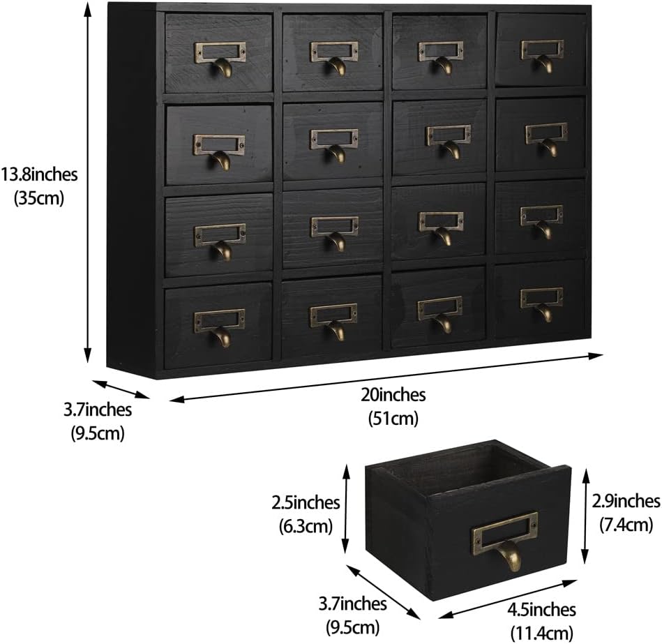 16 Drawers Apothecary Cabinet with Drawers Tabletop Apothecary Chests and Cabinets Library Card Catalog Cabinet Herb Storage Box Wooden Desk Drawer Organizer Medicine Vintage Furniture(BLACK)