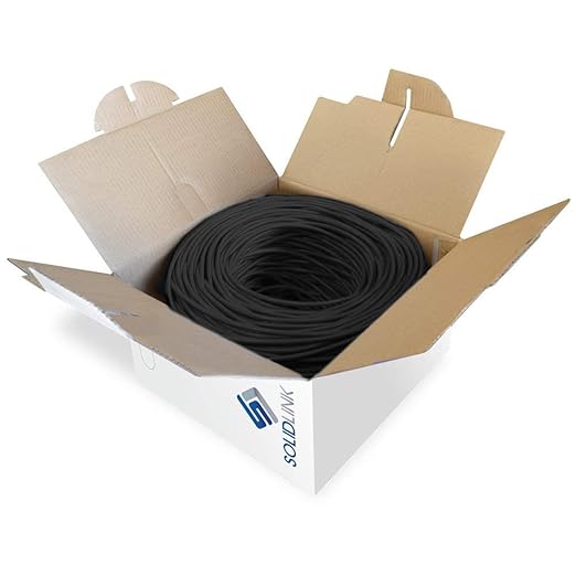 CAT5e Ethernet Cable – 24AWG Solid UTP Unshielded CAT 5E, High-Speed Network, RJ45 CCA, Easy Pull Box (1000 FT, Black)