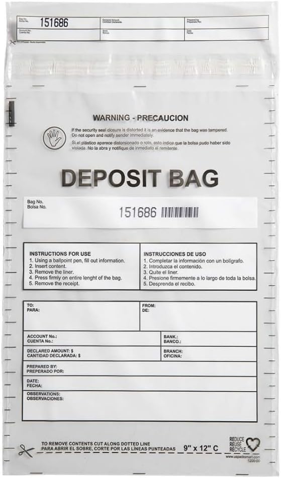 Clear Plastic Deposit Bags 9"x12" | Secure Bank Deposits, Cash Handling or Safe Currency Transportation | Sequential Barcodes | Tamper-Evident | Tear-Off Receipt for Security | 100-Pack
