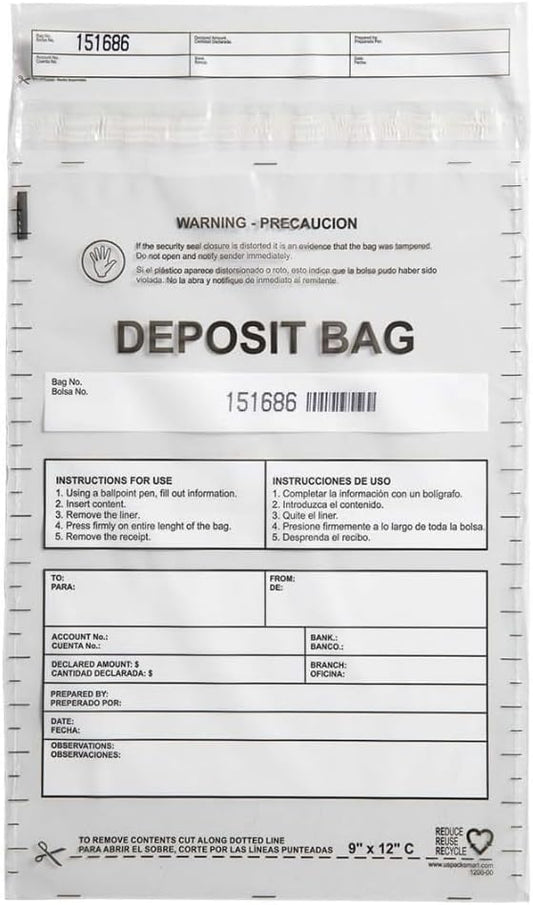 Opaque Plastic Deposit Bags 9"x12" | Secure Bank Deposits, Cash Handling or Safe Currency Transportation | Sequential Barcodes | Tamper-Evident | Tear-Off Receipt for Security | 100-Pack
