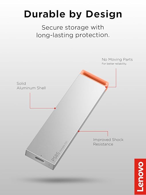 Lenovo PS8S 1TB Portable SSD, Up to 1050MB/s Read, 1000MB/s Write, USB 3.2 USB-C, Slim Lightweight (40g) Aluminum Body, Reliable Storage for PC/Mac & Android