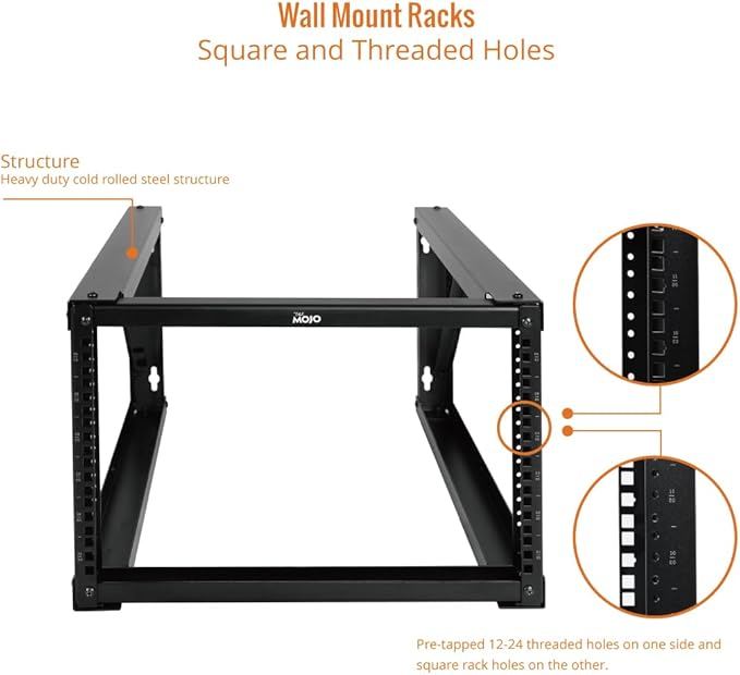 Tecmojo 6U Wall Mount Rack, Wall Mount Network Rack 24.8in Depth, Open Frame Server Rack for 19in IT/AV/Data/Home Equipment, Black