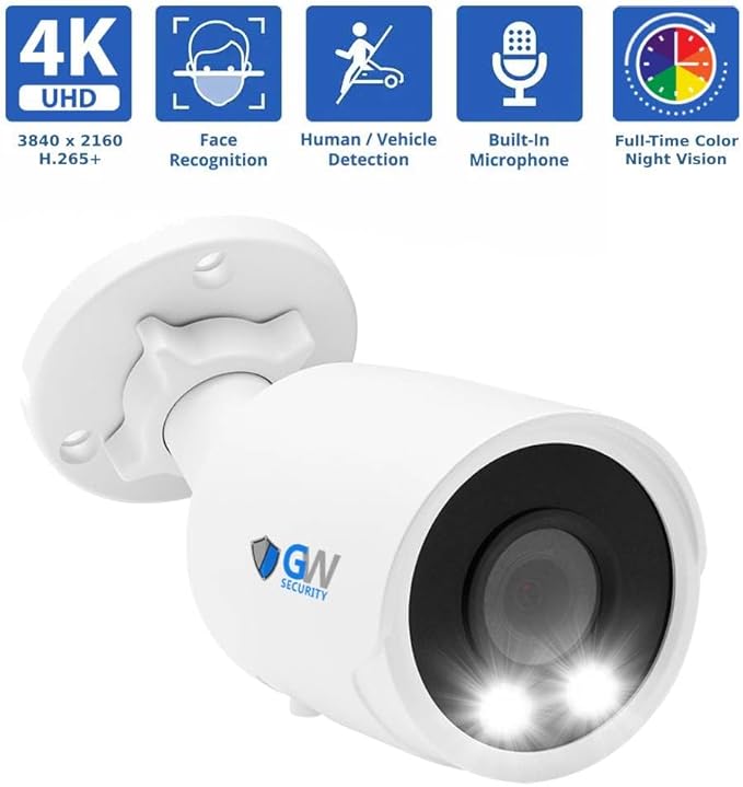 GW 4K Outdoor Indoor Face Recognition/Human/Vehicle Detection Security Camera System, 64 Channel 8MP NVR, 48 x 4K Smart AI IP Microphone Bullet Camera, Video & Audio Recording, 24TB Pre-Installed HDD