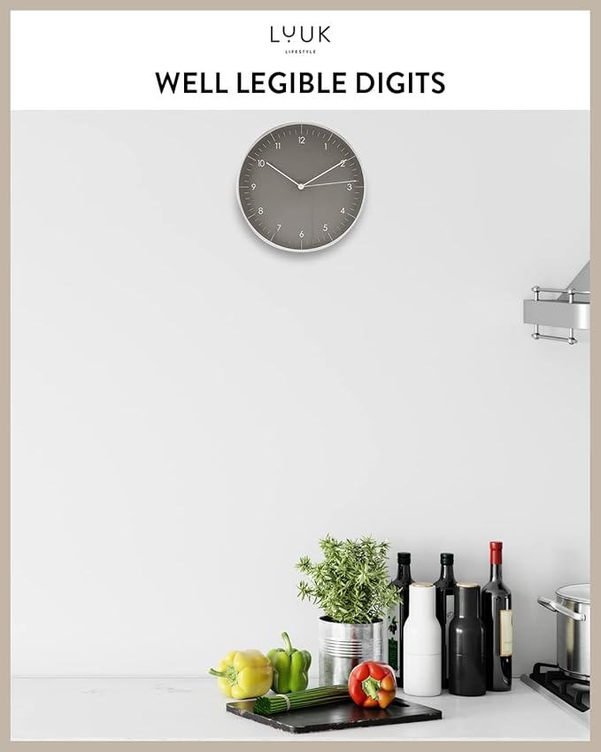 LUUK LIFESTYLE Wall Clock with Silent Movement, Minimalist Scandinavian Design, Gift for Moving-in, Arabic Numerals Easy to Read, Dark Grey and Silver