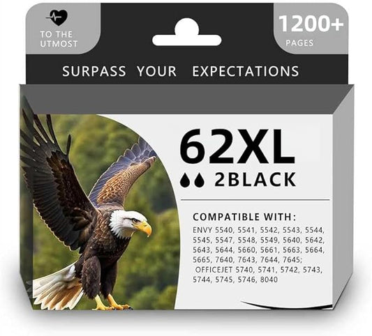 62XL Black Ink Cartridge Replacement for HP Envy 5540 5542 5545 5640 5642 5660 5664 5665 7640 7645 8000 OfficeJet 200 250 5740 5742 5743 5745 8040 8045 Printer(2 Black)