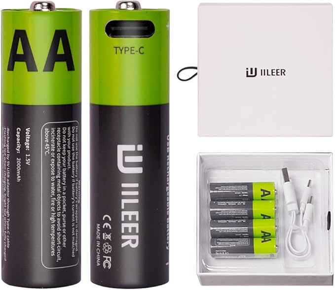 2000mAh USB-C Rechargeable AA Batteries, 1200 Cycles Life, Fast Charging with Type-C Cable, for Gaming Controllers, Mouse, Keyboard & Home Electronics, Black Green (4)