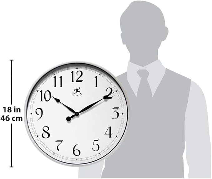 Infinity Instruments Large 18 inch Round Non-Ticking Silent Battery Operated Easy to Read Clock for Office, Classroom, School, Silver