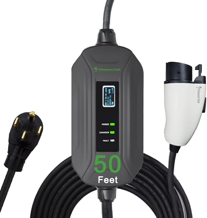 PRIMECOM Level 2 Electric Vehicle (EV) Charger (220V / 240Volt, 16Amp) Portable EVSE Smart Electric Car Charger, 30', 40', and 50 Feet Lengths (NEMA 14-50P, 50 Feet)