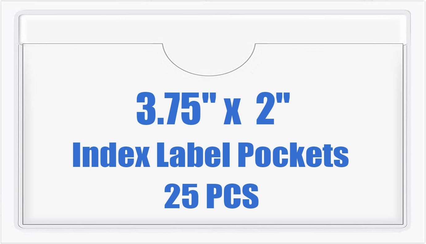 Origin-Joy 25 PCS Self-Adhesive Index Label Pockets, Clear Plastic Peel & Stick Card Holders with Top Open for Loading (3.75 x 2 inch)