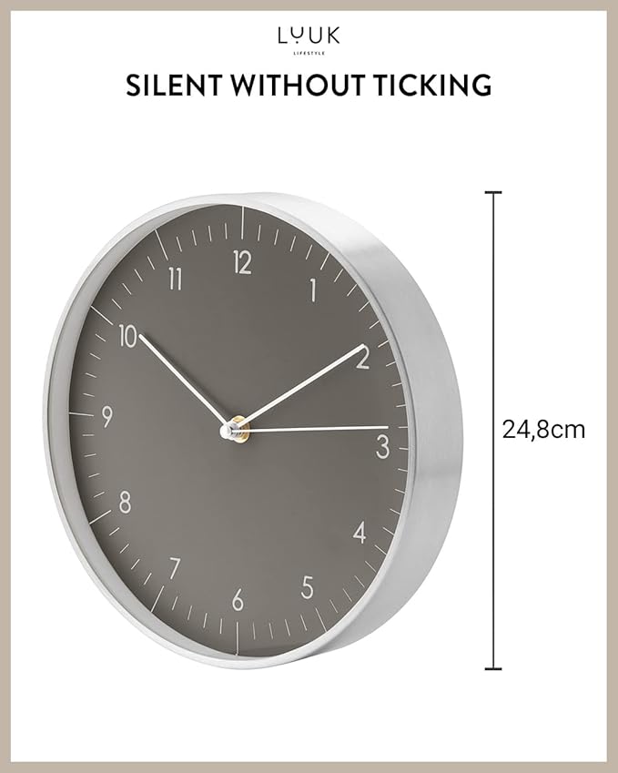 LUUK LIFESTYLE Wall Clock with Silent Movement, Minimalist Scandinavian Design, Gift for Moving-in, Arabic Numerals Easy to Read, Dark Grey and Silver