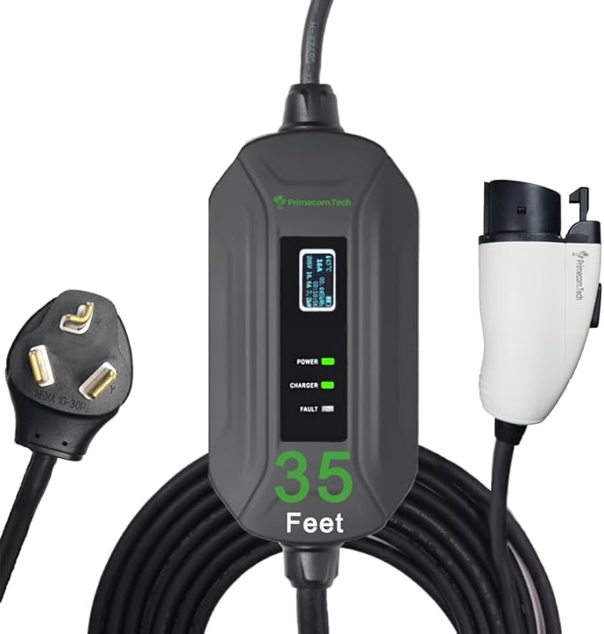 PRIMECOM Level 2 Electric Vehicle (EV) Charger (220V / 240Volt, 16Amp) Portable EVSE Smart Electric Car Charger, 30', 40', and 50 Feet Lengths (NEMA 10-30P, 35 Feet)