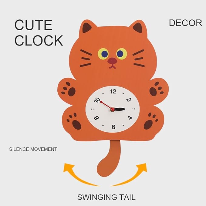 FASHION in THE CITY Adorable Cat Themed Swing Wall Clock,Silent Pendulum Clock,Easy to Read Analog Clock for Cat Lovers,Nursery, Kitchen, Cute Home Decor Gift (YBZ001-Brown)