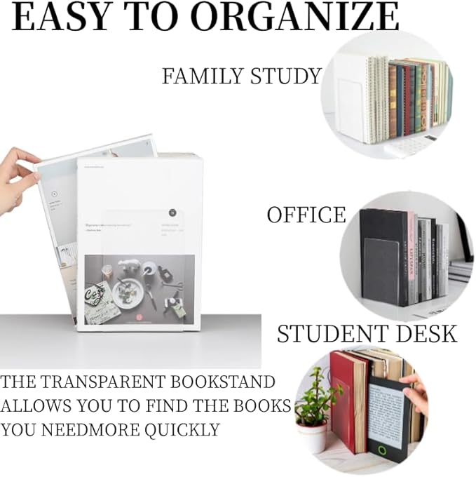 Lulonpon 8 Pieces Book Ends, Bookends, Books Stand, Books Stoppper, Clear Bookend for Shelves, Acrylic Book Ends for School, Library, Desktop Organizer ﻿