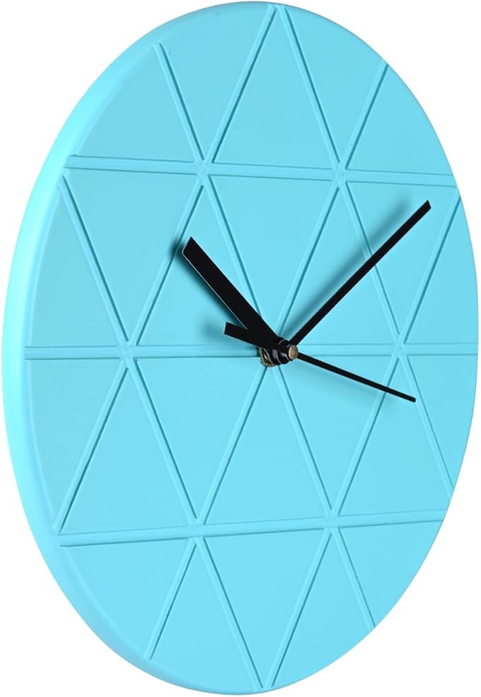Turquoise Blue Wooden Wall Clock 24cm Round Geometric Triangle Pattern MDF, (Batteries not Included)