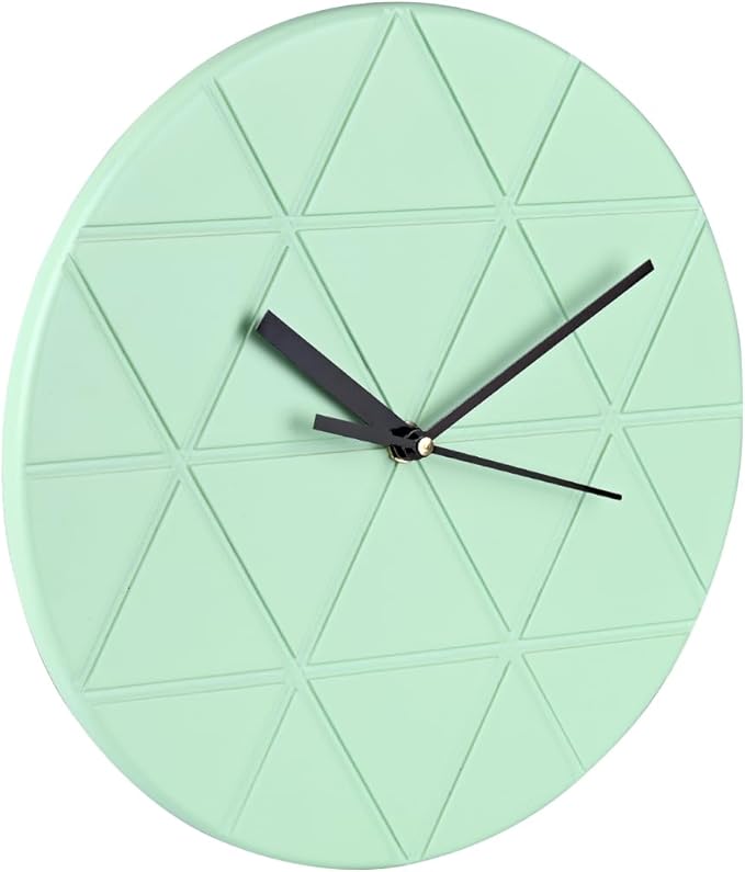 Mint Green Wooden Wall Clock 24cm Round Geometric Triangle Pattern MDF, (Batteries not Included)