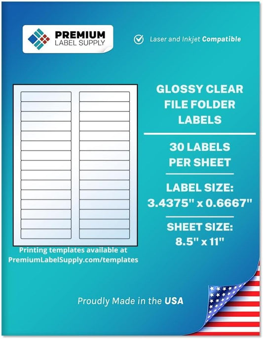 Premium Label Supply Glossy Clear File Folder Labels â 3.4375" x 0.6667" â Laser/Inkjet Compatible â (30 per Sheet) â 30,000 Total Adhesive Labels