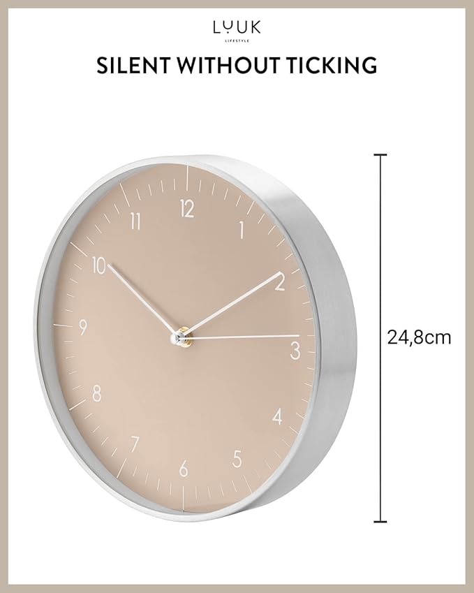 LUUK LIFESTYLE Modern Quartz Wall Clock with Silent Movement, Second Hand and Arabic Numerals, Deco for Kitchen, Bedroom, Office, Cream I Beige