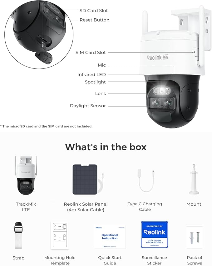 REOLINK 4K Dual Lens 4G LTE Cellular Security Camera Outdoor, 360 PTZ with Auto Tracking, No WiFi Solar Powered, 6X Hybrid Zoom, 8MP Color Night Vision, SIM Card Included,Motion Alert, TrackMix LTE+SP