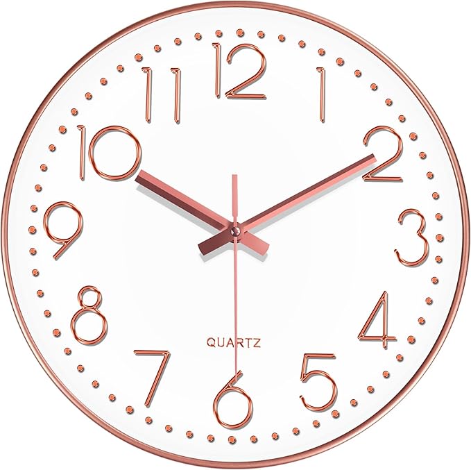 Wall Clock, Silent Wall Clocks Battery Operated 10 Inch- Modern Non Ticking Analog Clock with Large Numerals Tempered Glass Clocks for Bedroom, Living Room, Kitchen, Office Decor, Rose Gold