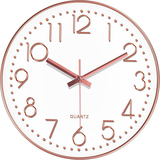 Wall Clock, Silent Wall Clocks Battery Operated 10 Inch- Modern Non Ticking Analog Clock with Large Numerals Tempered Glass Clocks for Bedroom, Living Room, Kitchen, Office Decor, Rose Gold