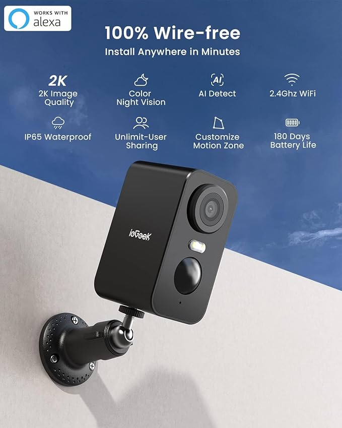 ieGeek Security Cameras Wireless Outdoor 2-Pack, 2K WiFi Surveillance Camera for Home Security, Battery Powered Security Cameras with Siren & Spotlight, AI Detection, IP65 Waterproof, Works with Alexa