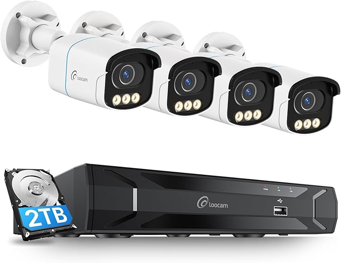 Loocam 4K CCTV Security Camera System PoE Wired True Color Night Vision, 4X 8MP PoE IP Cameras, 8 Channel NVR & 2TB HDD for 24/7 Record, AI Human Vehicle Detect, Spotlight Siren Alarm, 2-Way Talk