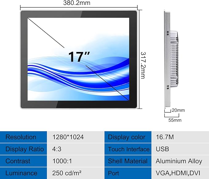 GreenTouch 17 Inch Front IP65 Panel Rugged Metal Case Display Touch Screen Industrial Grade Open Frame LCD Monitor - 1280x1024