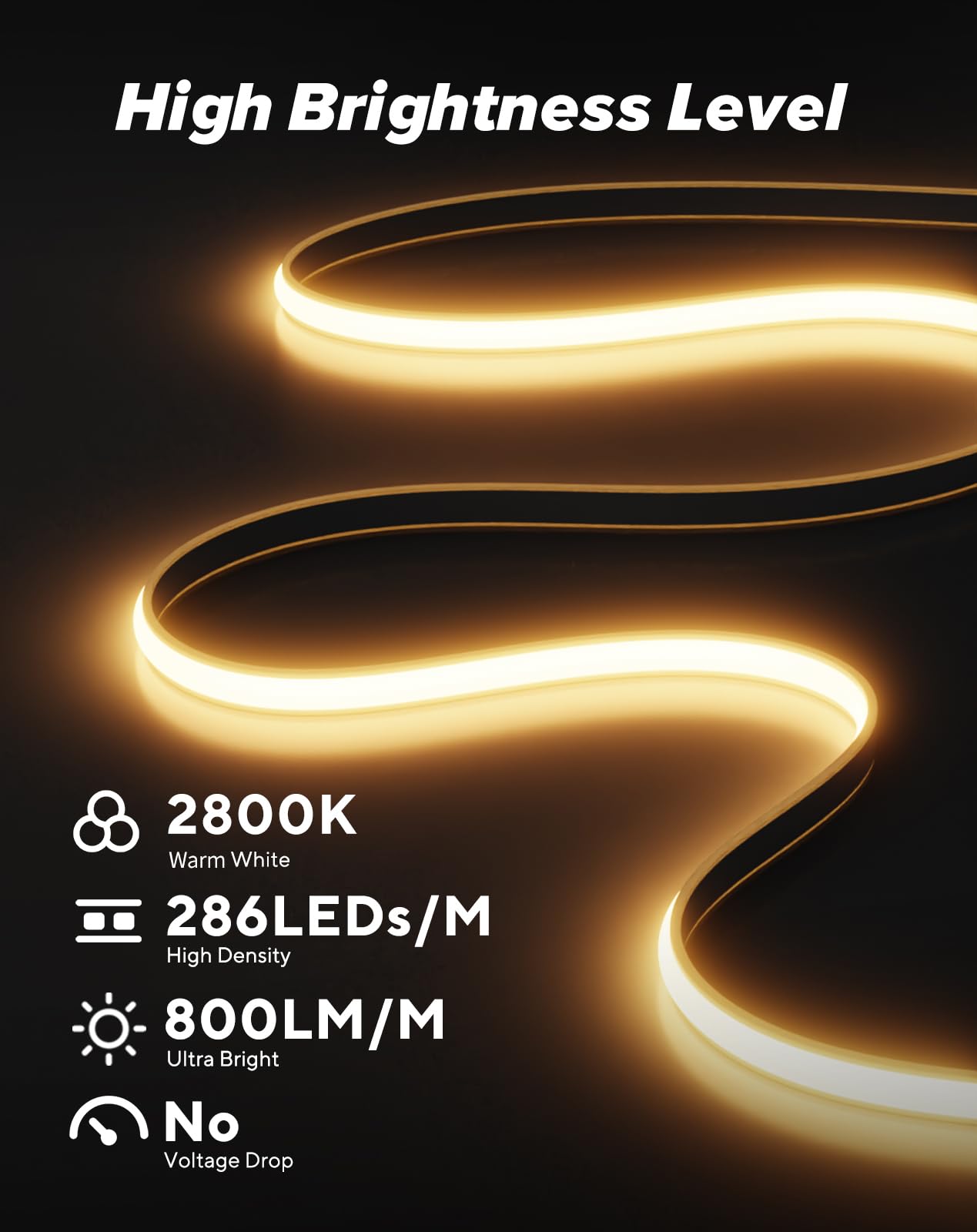 Shine Decor COB LED Rope Light, IP65 Waterproof, 82ft, 2800K Warm White, Model COBNeon-WW-25M