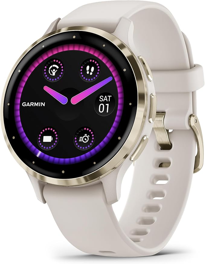 Garmin Venu 3S Running GPS Smartwatch with AMOLED Display, Advanced Health, Fitness Features, Up to 14 Day Battery Life with Signature Series Modern Power Stand | Soft Gold with Ivory Silicone Band
