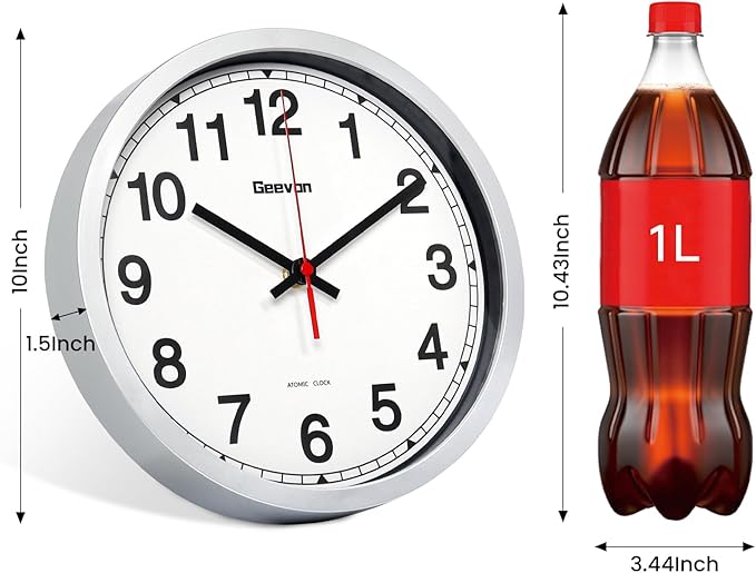 Geevon 10 Inch Atomic Wall Clock - Self-Setting Analog Clock with Automatic Time Sync - Battery Operated for Home Office School - Silver Frame